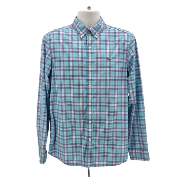 Vineyard Vines Mens Medium Shirt Performance Classic Fit Whale Plaid Blue Logo - Picture 6 of 6